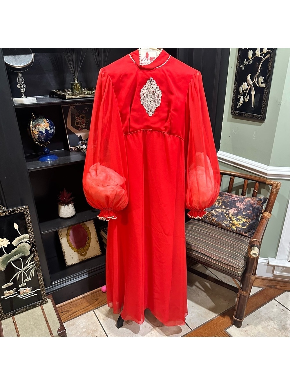 Vintage 1950s Sylvia Ann Red Chiffon Maxi Dress – Size 10 (Fits Small)